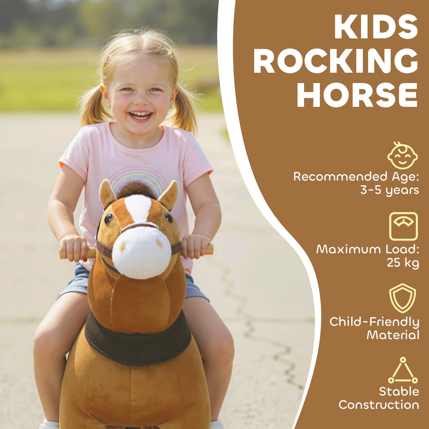 Ride On Horse, Plush Walking Horse Toy with Wheels and Saddle for Ages 3-5 Years Old, Brown