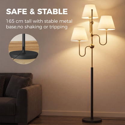 Floor Lamp, 165 cm Tall Standing Lamp with 3 Light and Foot Switch for Living Room, Bedroom, Bedside, Office