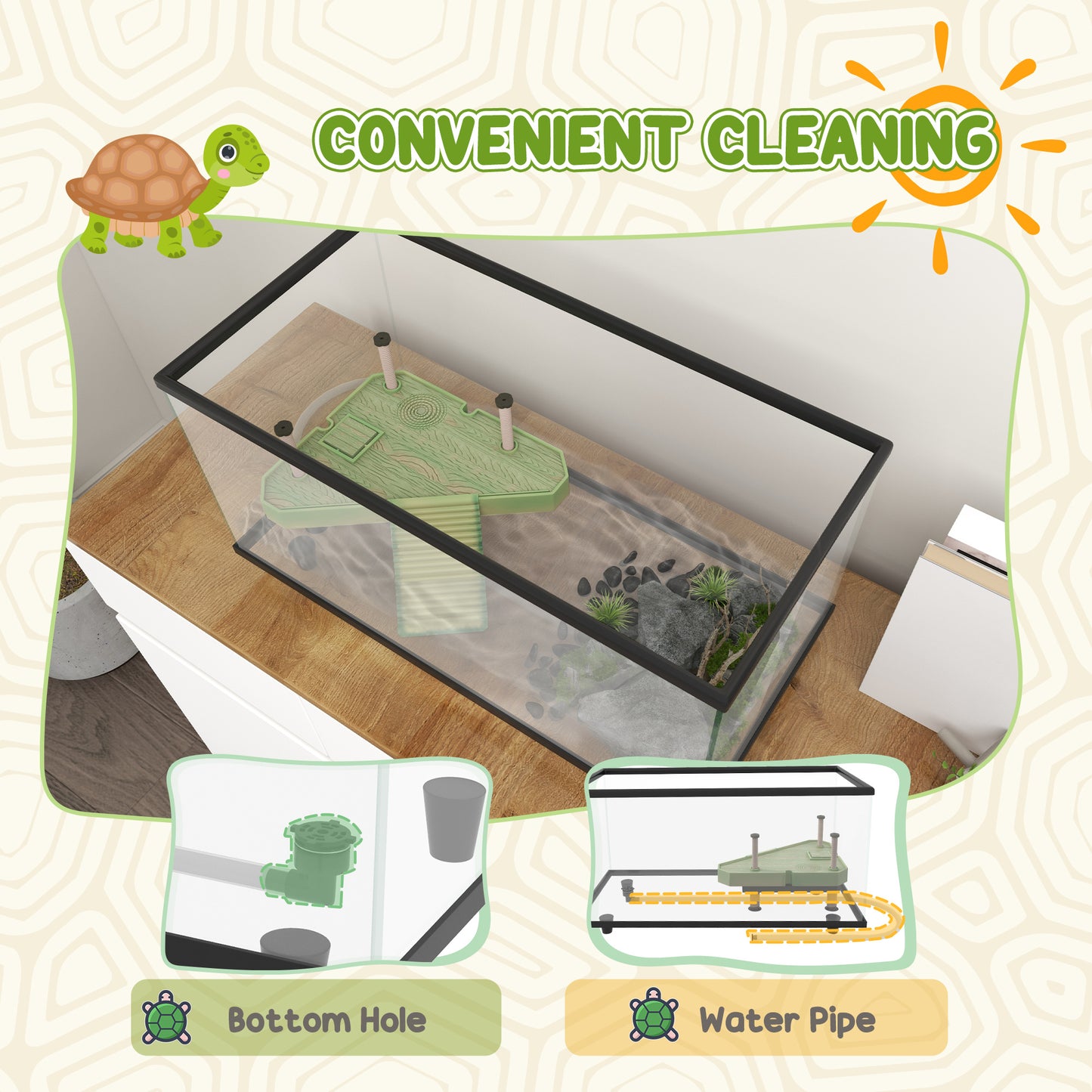 50L Glass Turtle Tank Aquarium with Basking Platform, Easy Drainage