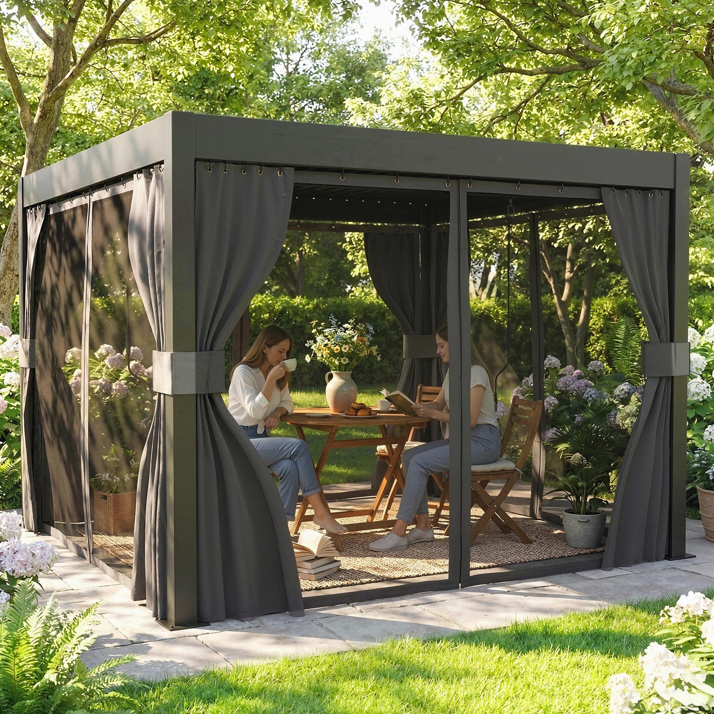 3 x 3 m Louvered Pergola with Adjustable Metal Louvred Roof, Aluminium Patio Gazebo with Netting and Curtains, Dark Grey