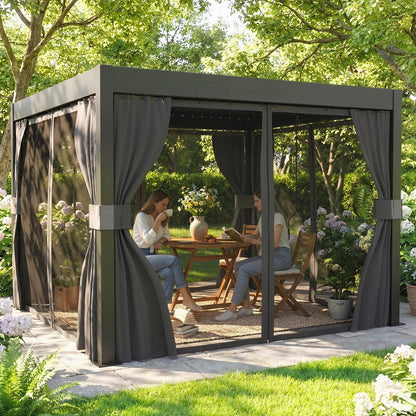 3 x 3 m Louvered Pergola with Adjustable Metal Louvred Roof, Aluminium Patio Gazebo with Netting and Curtains, Dark Grey
