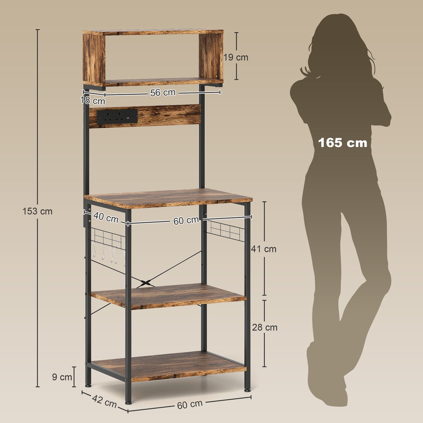 Kitchen Storage Rack, Bakers Rack with Power Outlet, USB Charger, Rustic Brown