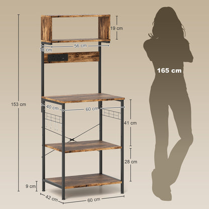 Kitchen Storage Rack, Bakers Rack with Power Outlet, USB Charger, Rustic Brown