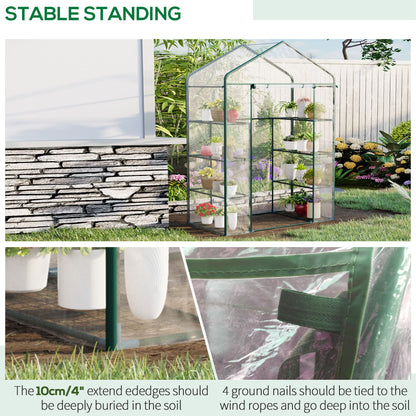Walk in Greenhouse with 4-Tier 8 Shelves, Green House with Hemmed Cover, Roll-up Zipped Door, Steel Frame, 143 x 73 x 195cm