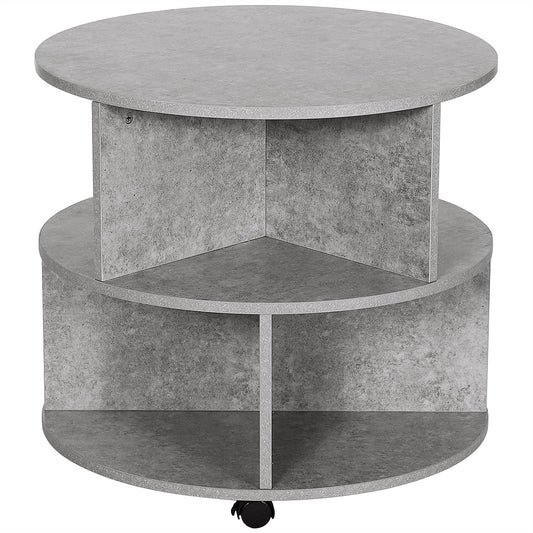 Round Coffee Table with Wheels, 3-Tier Rolling Side Table for Living Room with Divided Shelves, Cement Colour