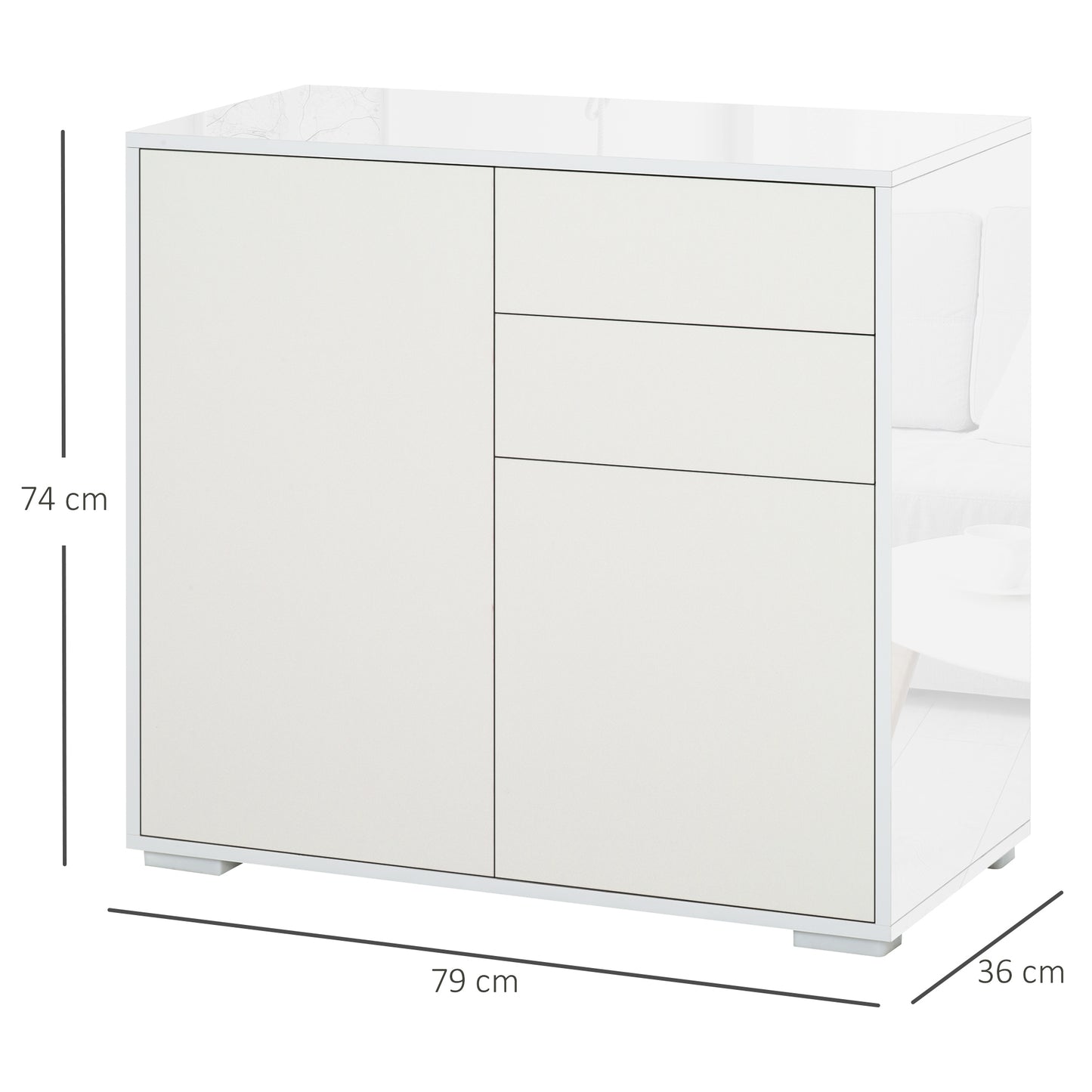 High Gloss Frame Sideboard, Push-Open Design with 2 Drawer for Living Room, Bedroom, 74H x 79W x 36Dcm, White