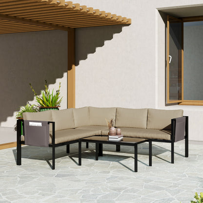 5 Seater Garden Corner Sofa Set, 4 Pieces Metal Garden Furniture Set with Loveseats, Glass Top Coffee Table
