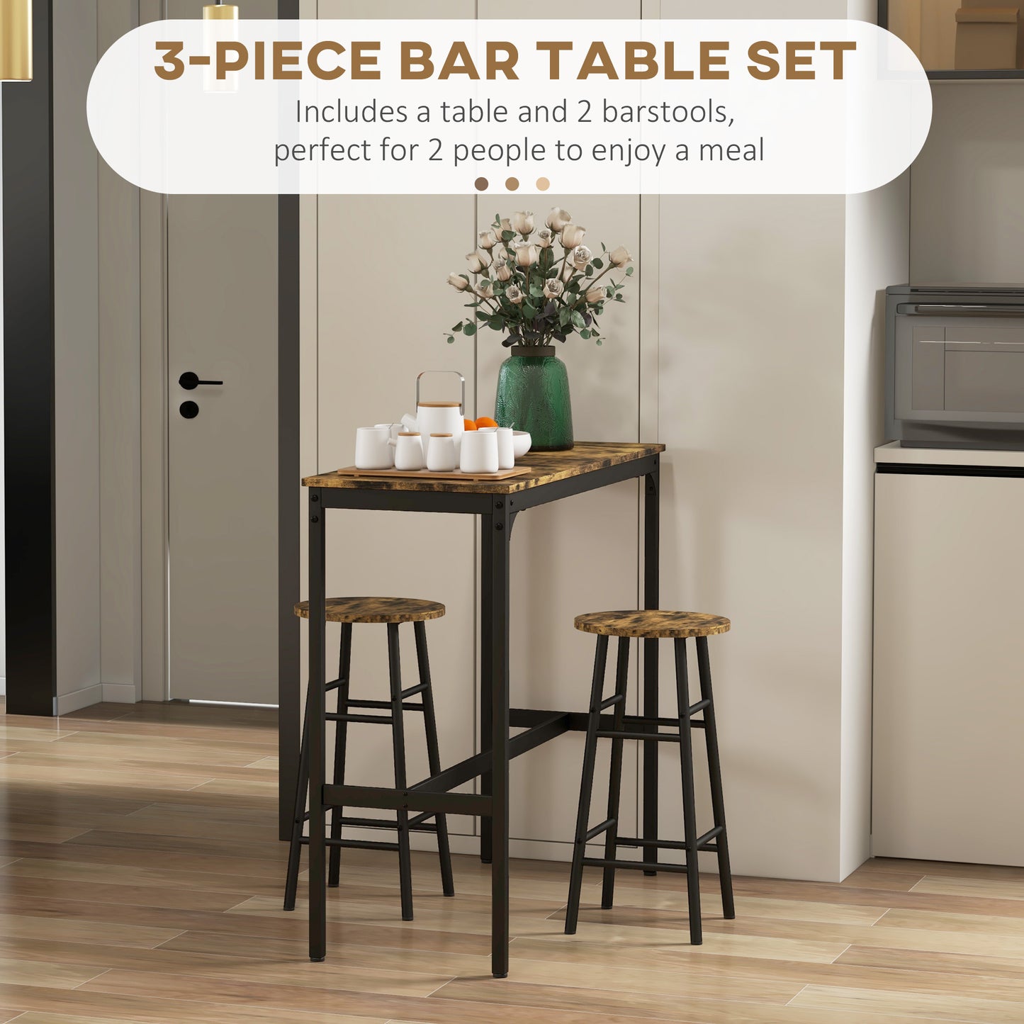 3 Piece Bar Table Set with 2 Stools, Industrial Bar Table and Stool Set, Dining Table and Chair Set, Rustic Brown