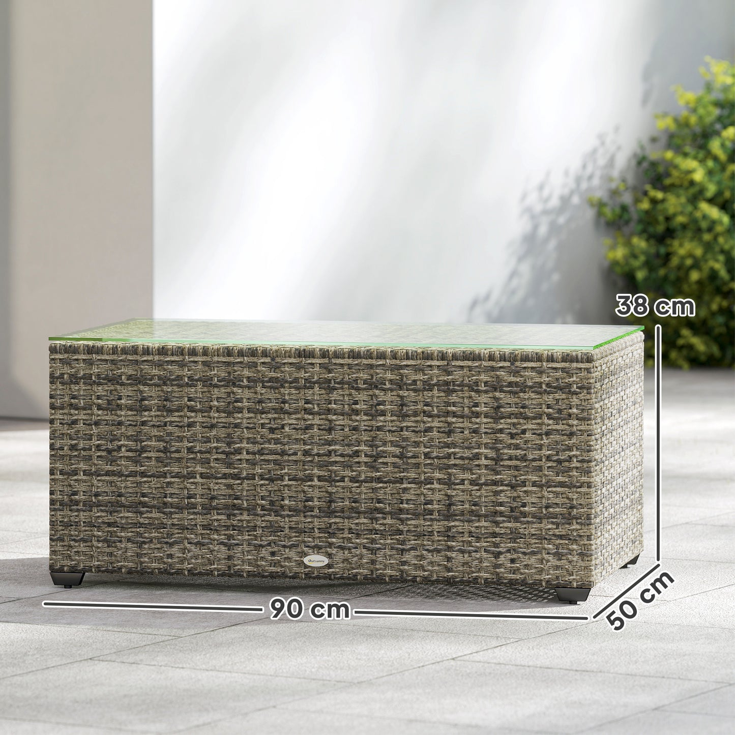 90 x 50cm Glass-Top Rattan Side Table - Dark Grey