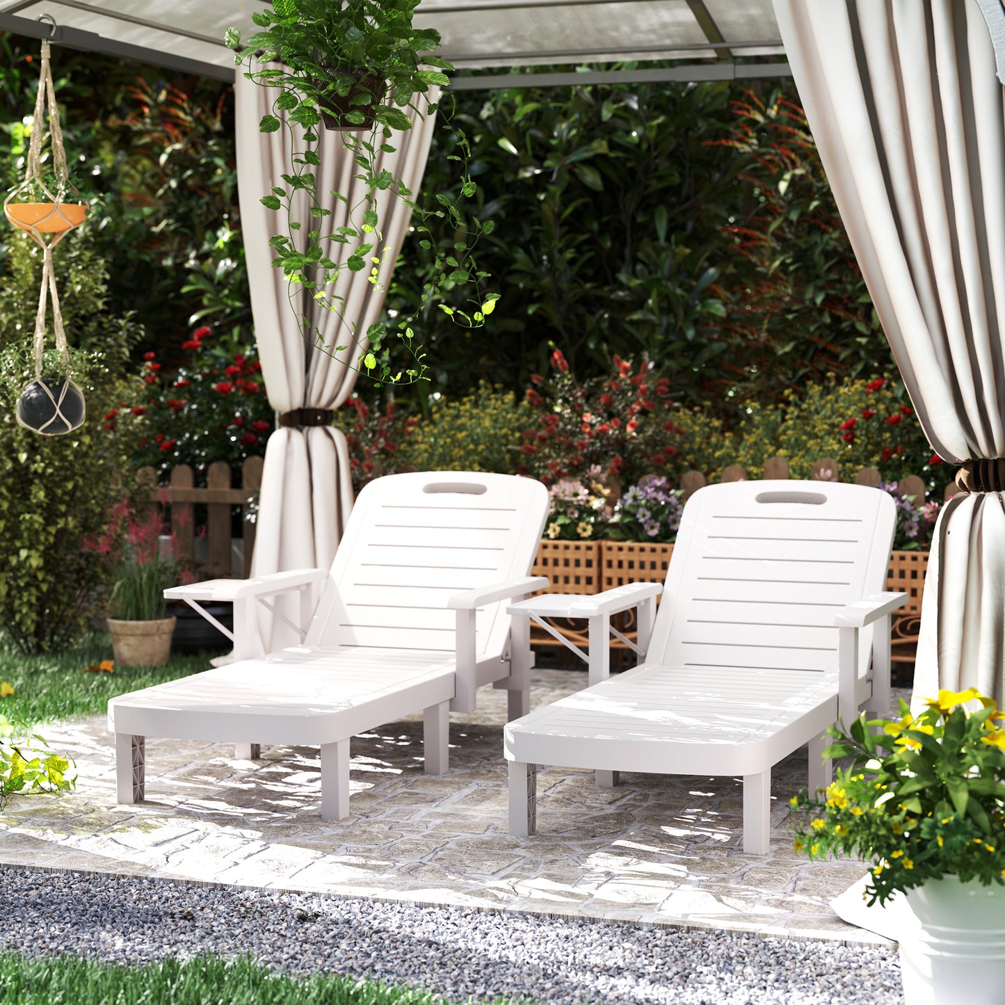 Set of 2 Reclining Sun Loungers, 5 Positions Adjustable Outdoor Chaise Lounge Chair with Armrests, White
