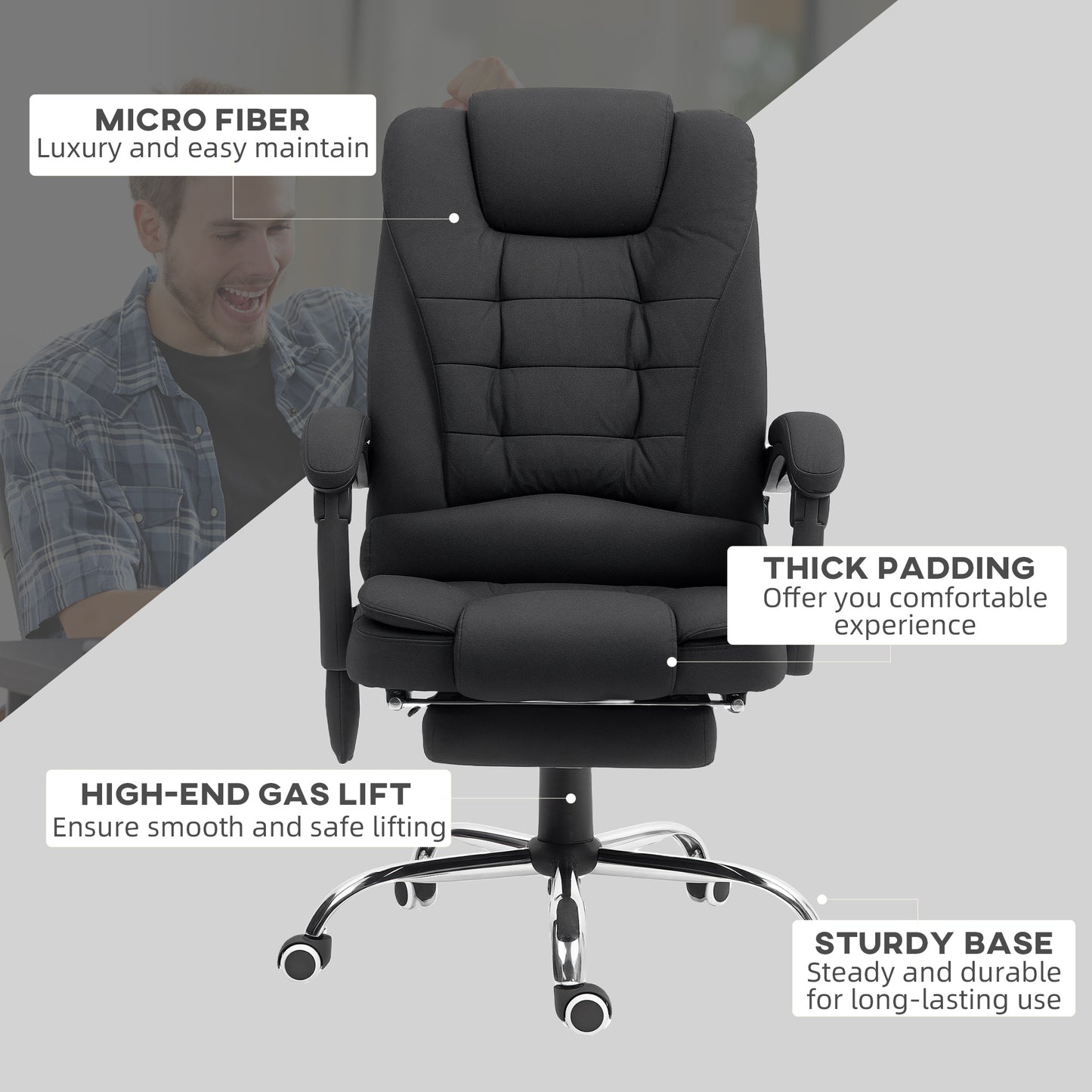 Office Chair with 6 Point Massage and Back Heat, Microfibre Desk Chair with Footrest Adjustable Height and Swivel Wheels