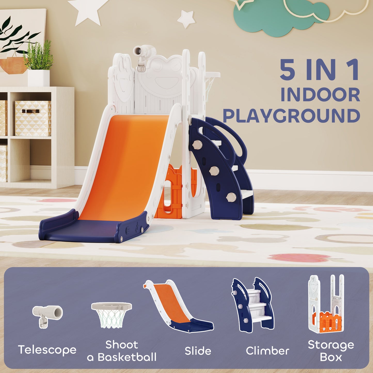 5 in 1 Kids Slide Set with Basketball Hoop, Climbing Frame, Telescope, Storage Box for Toddlers Ages 1-3, Orange
