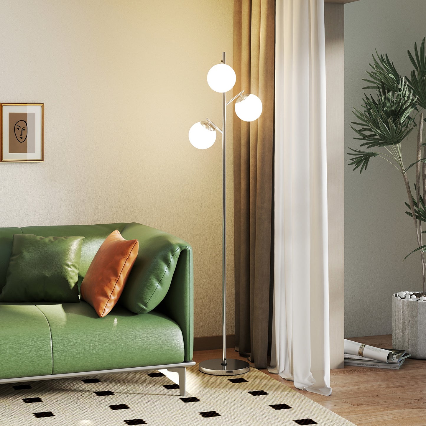 3-Light Tree Floor Lamps for Living Room, Modern Standing Lamp for Bedroom with Globe Lampshade