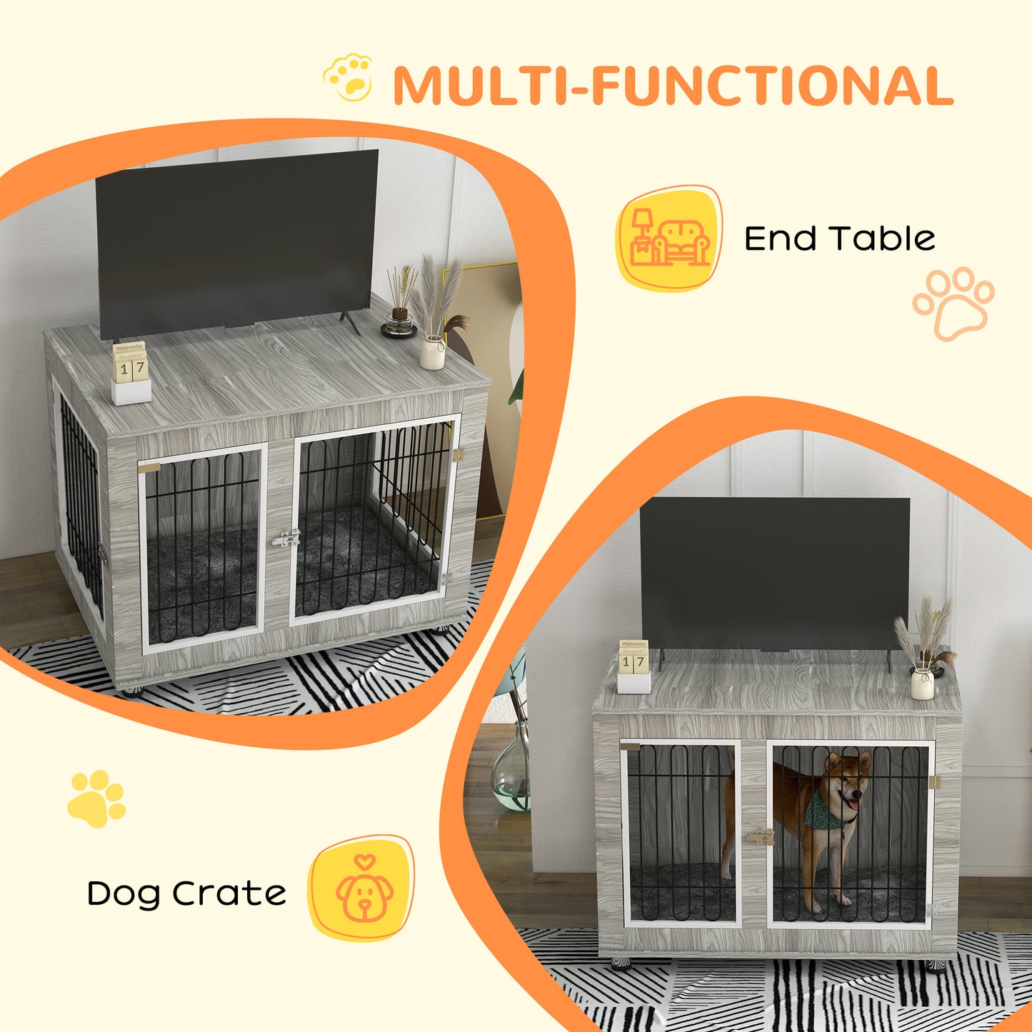 Dog Crate Furniture, Dog Cage End Table. with Soft Cushion, Double Door, for Large Dogs, Grey