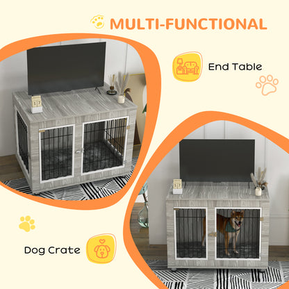 Dog Crate Furniture, Dog Cage End Table. with Soft Cushion, Double Door, for Large Dogs, Grey