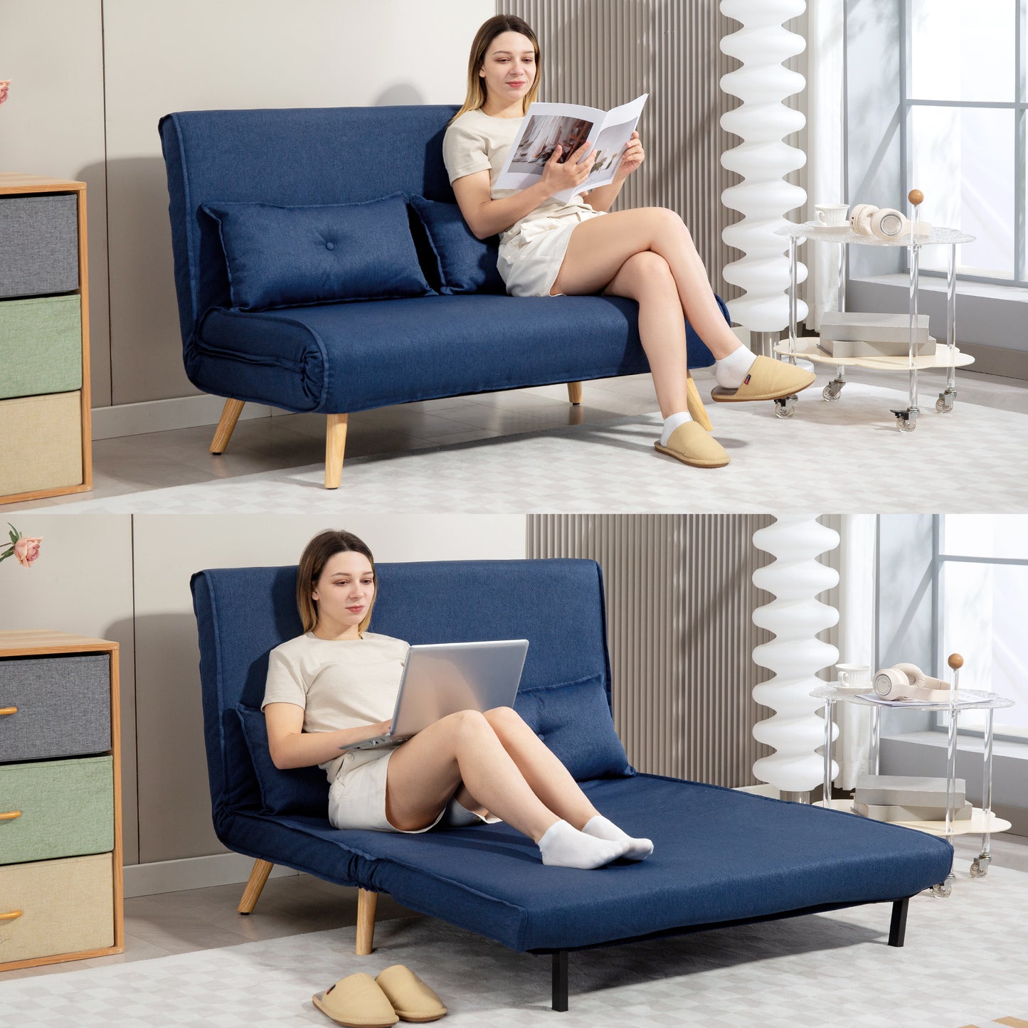 Two-Seater Linen-Look Sofa Bed - Dark Blue