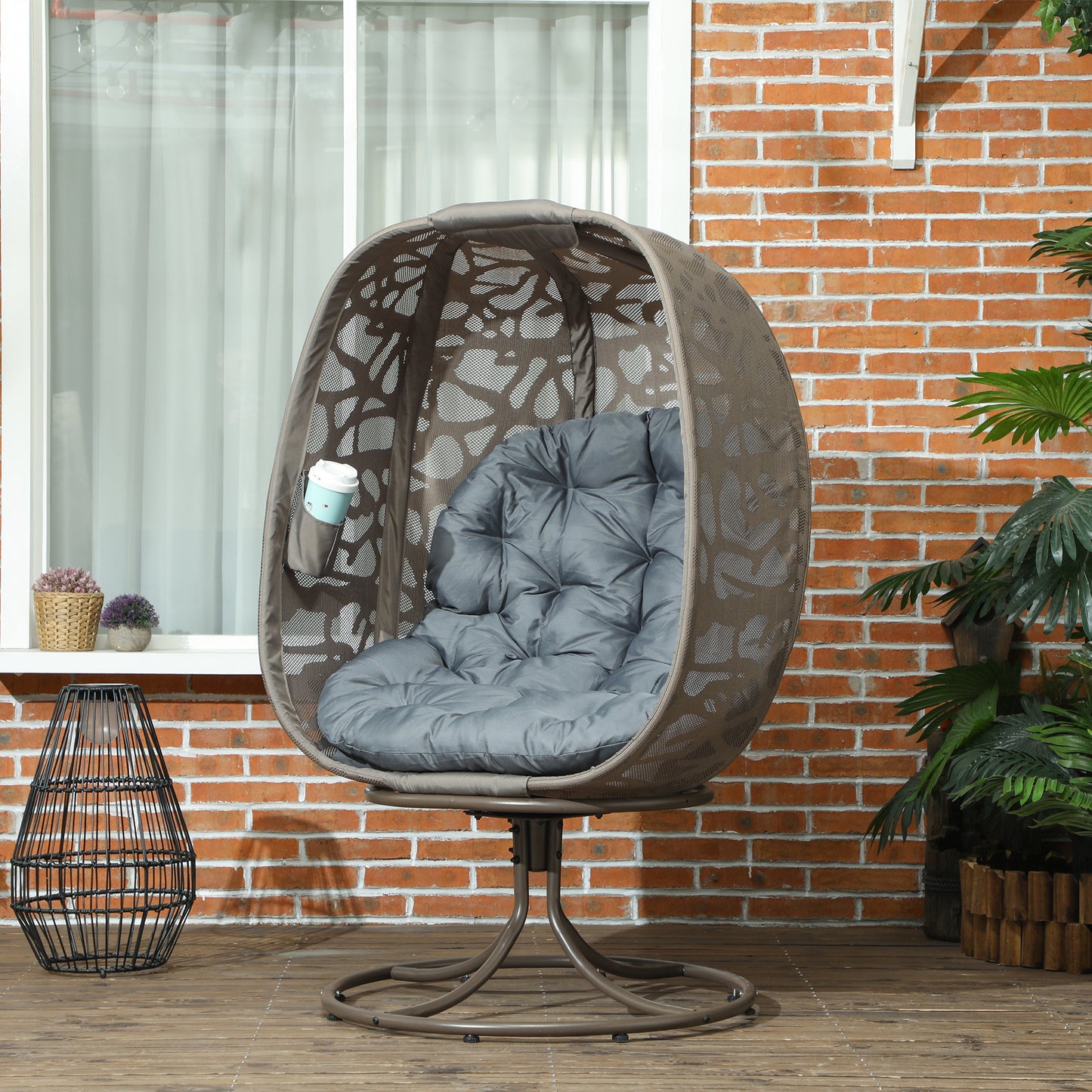 Swivel Egg Chair with Cushions, Foldable Basket Seat and Metal Frame, Indoor Outdoor Lounge Chair for Balcony