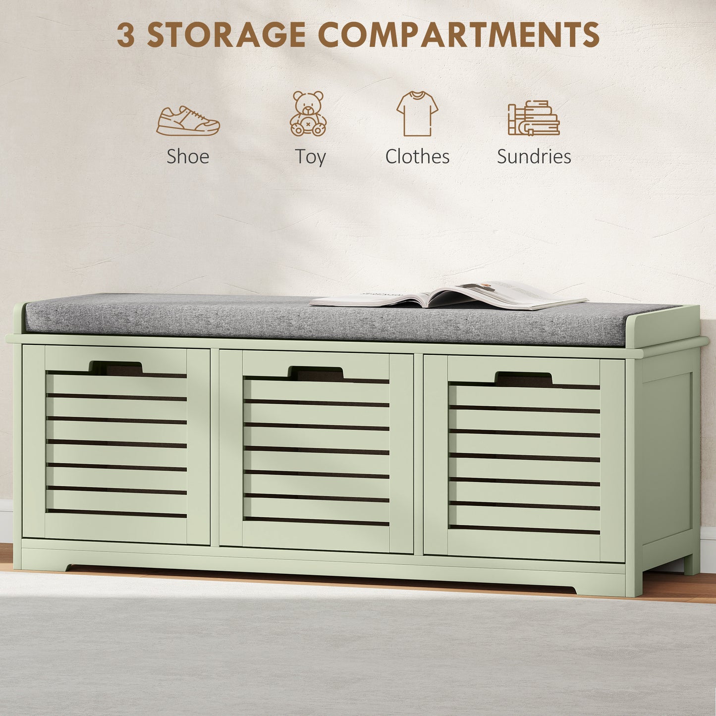 3-Drawer Shoe Storage Bench with 160kg Capacity & 3 fully pull-out drawers - Green