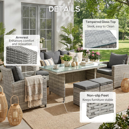 6-Piece Wicker Rattan Garden Set, Aluminium Patio Wicker Dining Sets with Glass Top Table & Soft Cushion, Light Grey