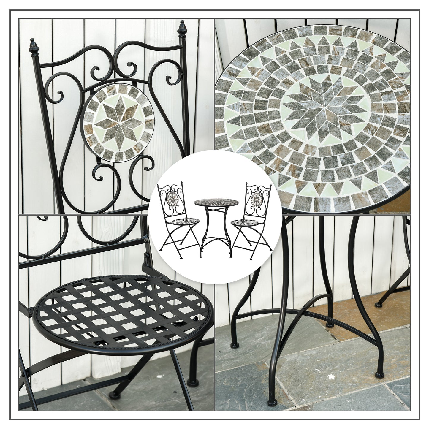 3 Pcs Mosaic Tile Garden Bistro Set Outdoor Seating w/ Table 2 Folding Chairs Set Metal Frame Elegant Scrolling Indoor Patio