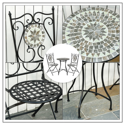 3 Pcs Mosaic Tile Garden Bistro Set Outdoor Seating w/ Table 2 Folding Chairs Set Metal Frame Elegant Scrolling Indoor Patio