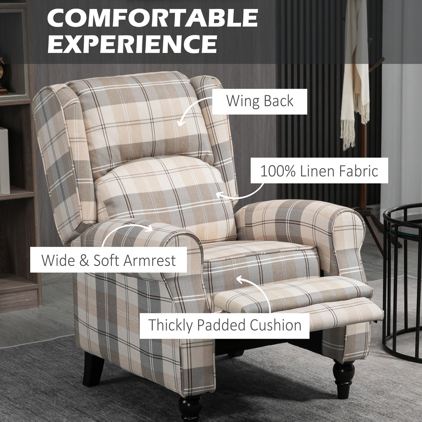 Wingback Recliner Armchair for Living Room, Pushback Reclining Chair with Round Armrests, Footrest and Rubber Wood Legs