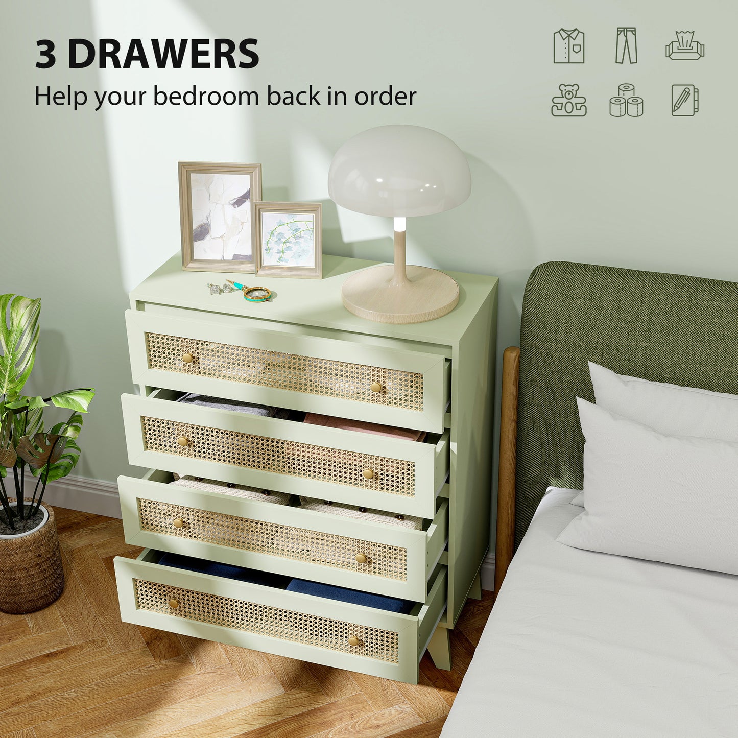 Rattan Chest of Drawers, 4 Drawer Storage Unit with Tapered Legs, Bedroom Storage Organiser Dresser for Bedside, Entryway