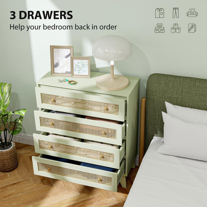 Rattan Chest of Drawers, 4 Drawer Storage Unit with Tapered Legs, Bedroom Storage Organiser Dresser for Bedside, Entryway