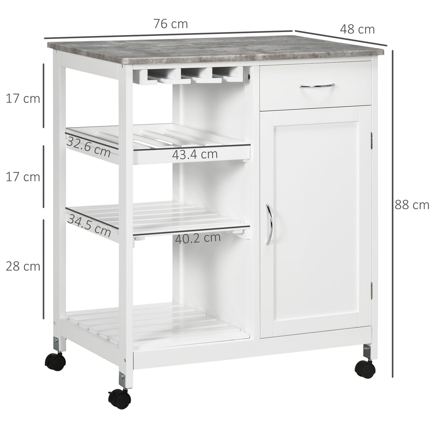Kitchen Trolley with Wine Rack, Drawer, Open Shelf and Storage Cabinet for Dining Room, White