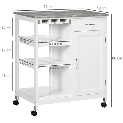 Kitchen Trolley with Wine Rack, Drawer, Open Shelf and Storage Cabinet for Dining Room, White