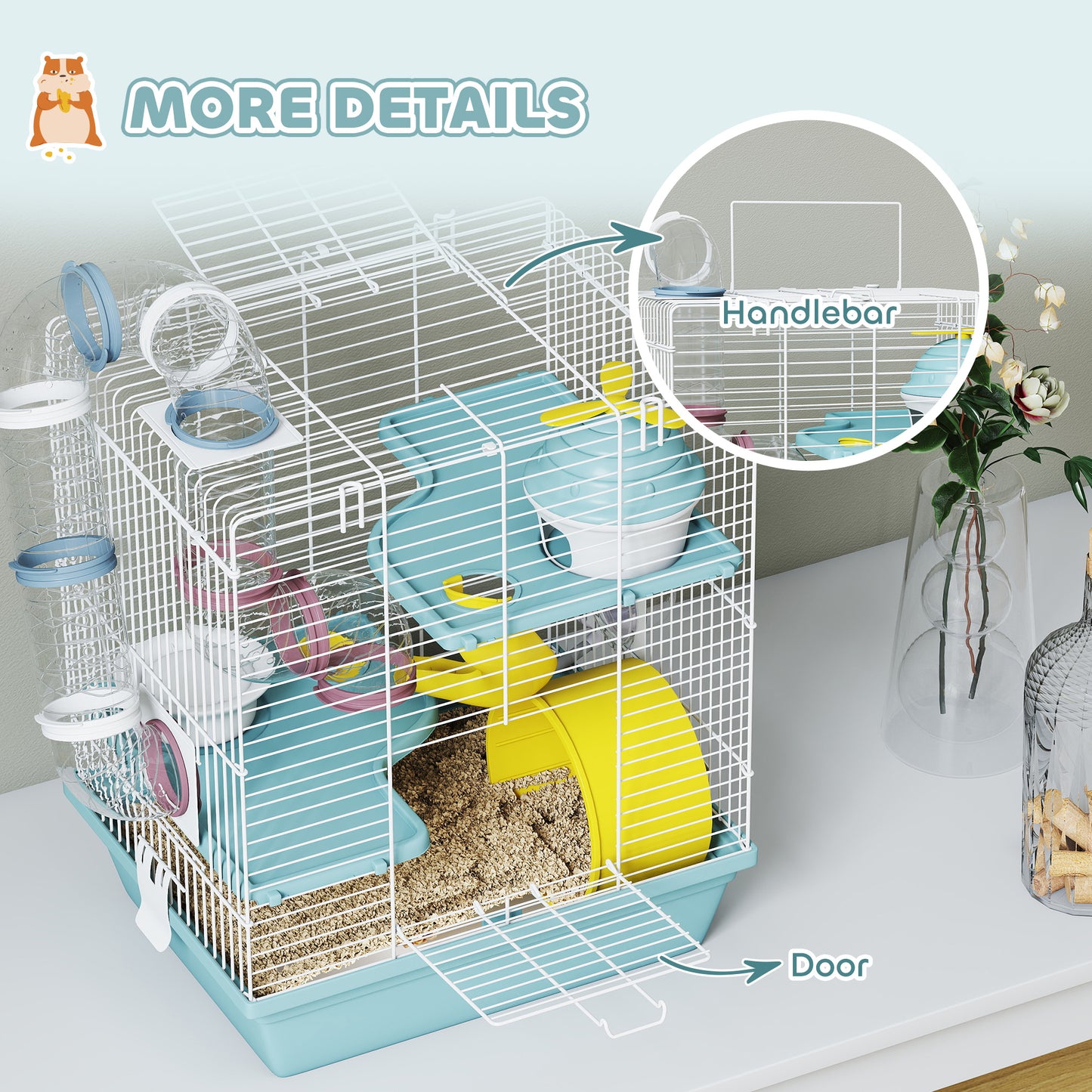 3-Level Hamster Cage with Exercise Wheel, Water Bottle, Food Bowl, for Dwarf Hamsters, 34.5 x 27.5 x 41 cm, Blue