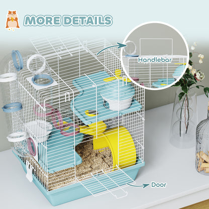 3-Level Hamster Cage with Exercise Wheel, Water Bottle, Food Bowl, for Dwarf Hamsters, 34.5 x 27.5 x 41 cm, Blue