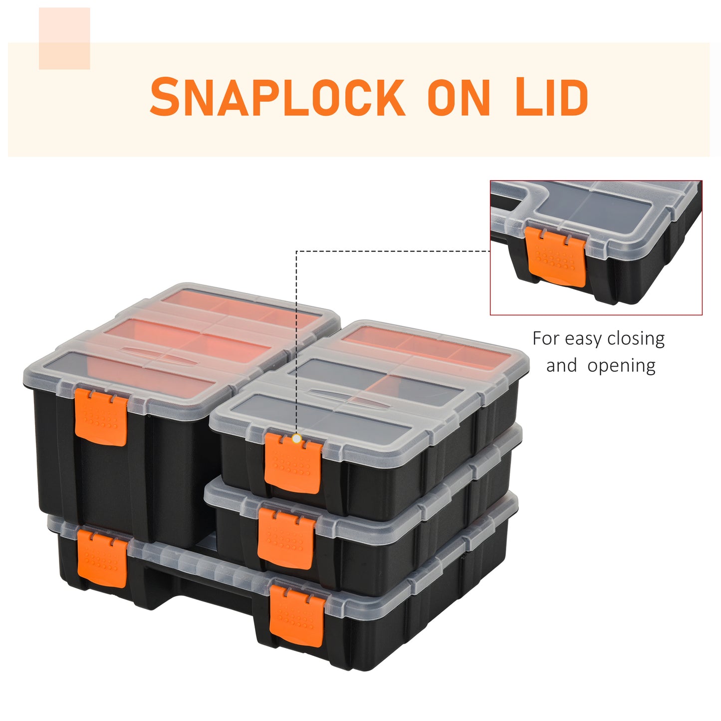 Set Of 4 Plastic DIY Tool Storage Boxes w/ Inside Dividers Locking Lids Home Garage Organisation Stacking Arts Crafts Bolts B
