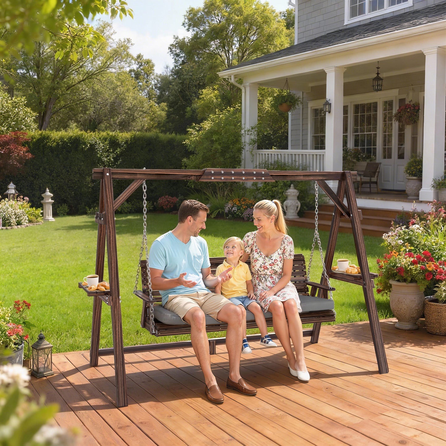 3 Seater Garden Swing Seat, Wooden Swing Chair Bench with Cushion, Side Trays and Metal Chains, for Outdoor Porch Patio