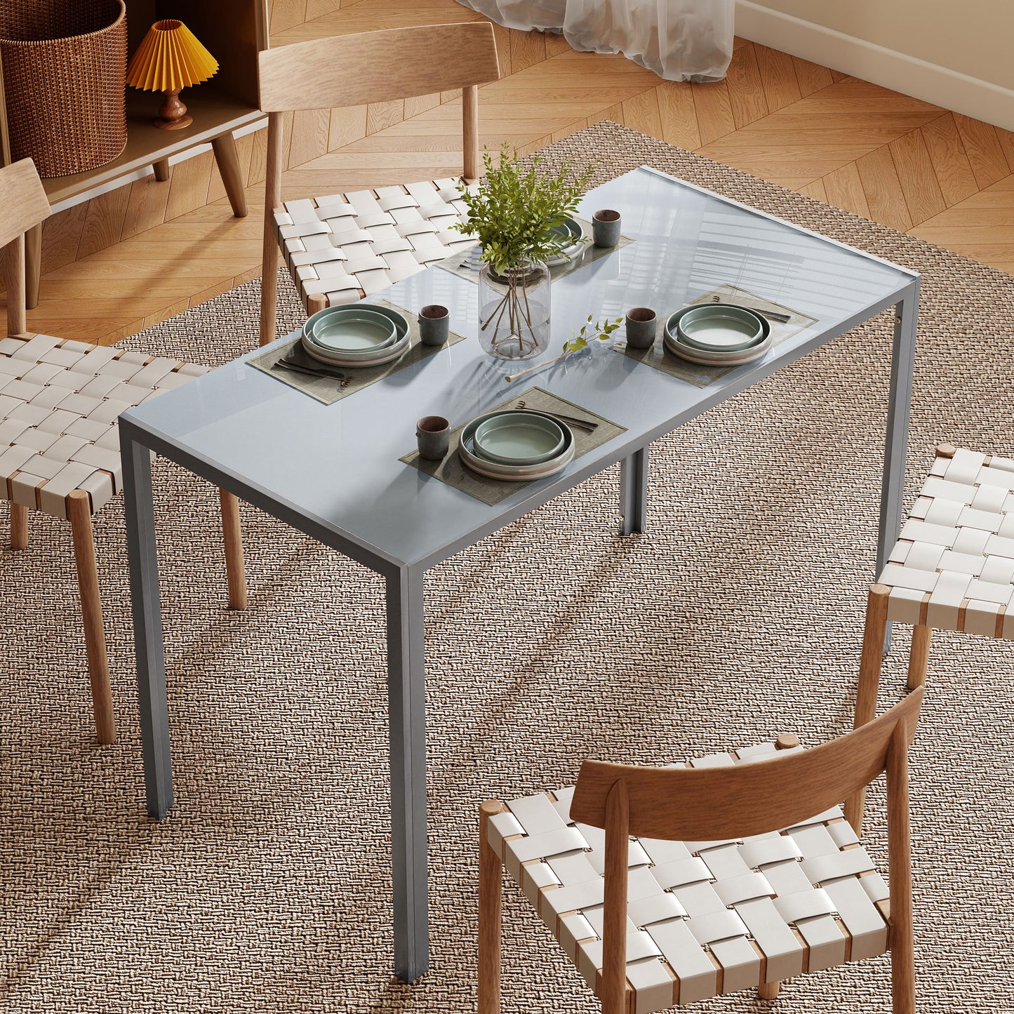 120cm Dining Table, Rectangle 4 Seater Kitchen Table with Tempered Glass Top and Metal Legs, Grey