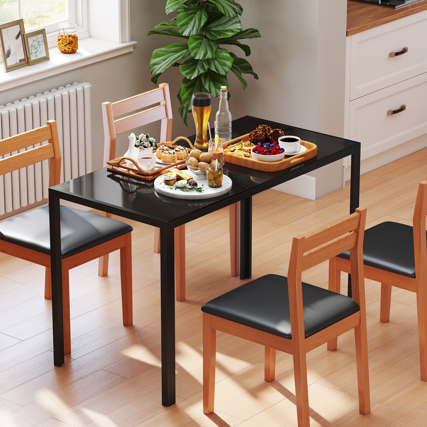 120cm Dining Table, Rectangle 4 Seater Kitchen Table with Tempered Glass Top and Metal Legs for Dining Room