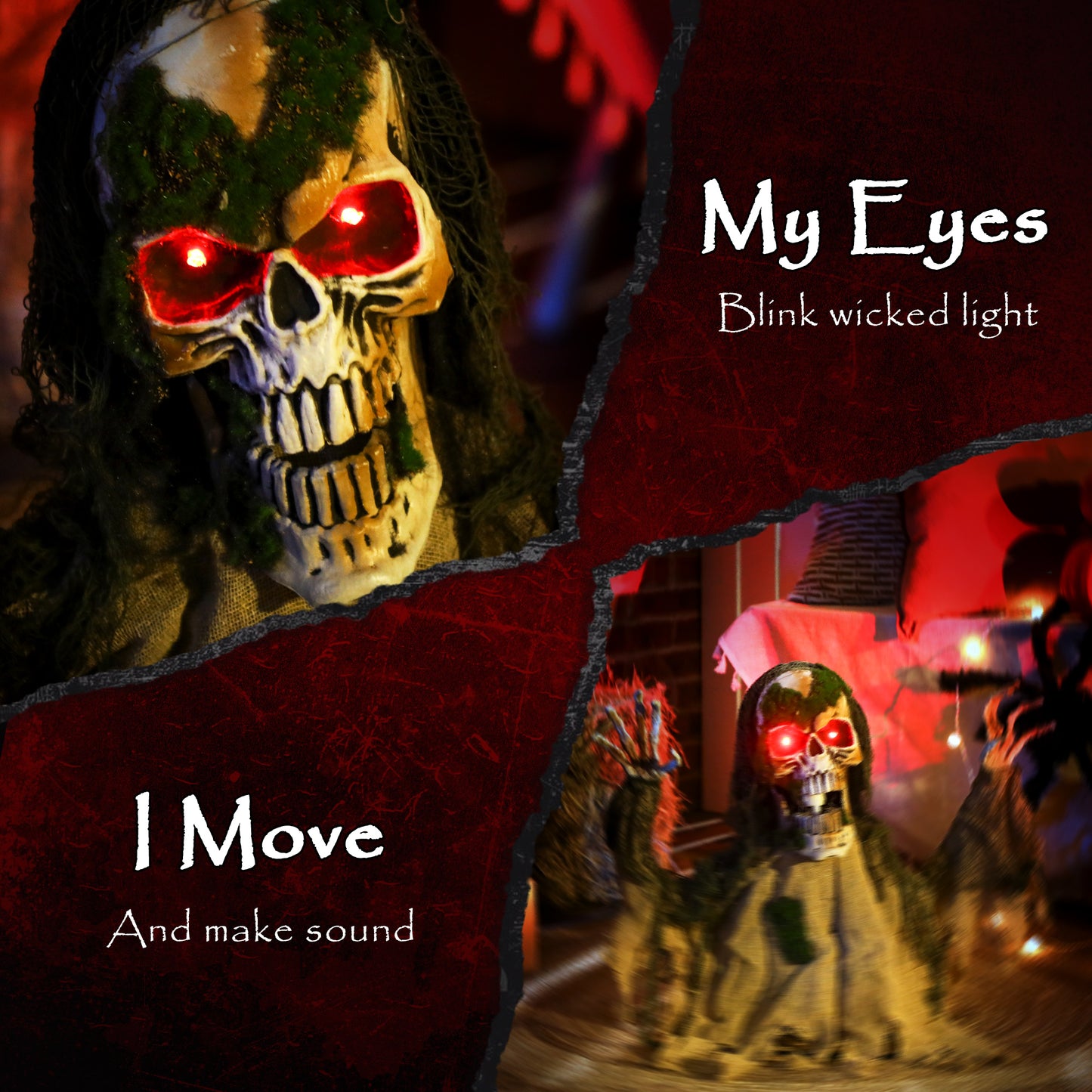 Halloween Animated Skeleton with Glowing LED Eyes, Half-Body Scary Halloween Decorations, Battery Operated