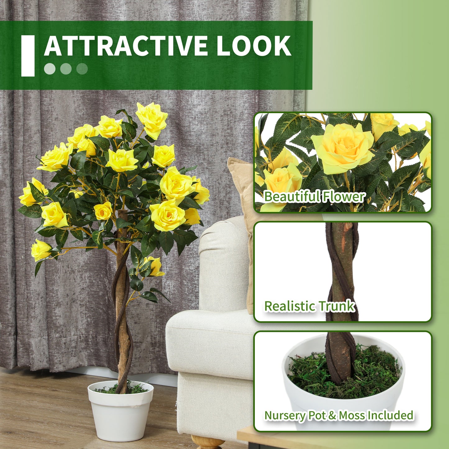 Set of 2 Artificial Plants White Rose Floral in Pot, Fake Plants for Home Indoor Decor, 90cm, Yellow