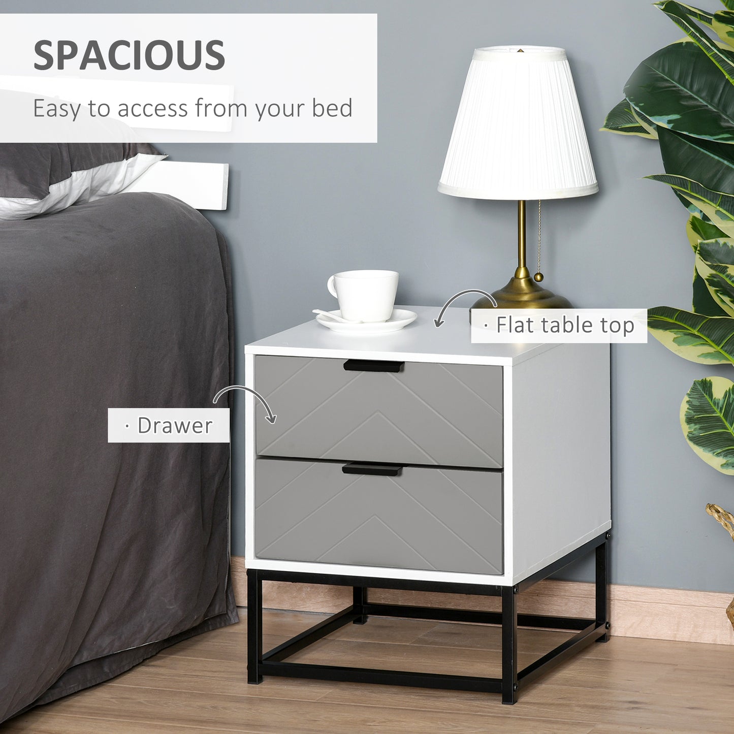 Bedside Cabinet with 2 Drawer Storage Unit, Unique Shape Bedroom Table Nightstand with Metal Base, for Living Room