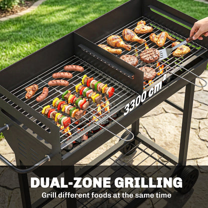 Charcoal Barbecue Grill with 2 Cooking Areas, Portable BBQ Trolley with Wheels, Height Adjustable Grates, Bottom Shelf