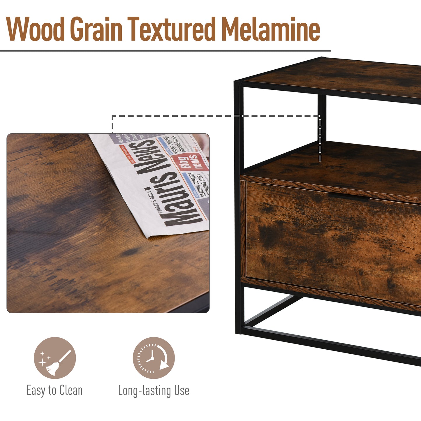Industrial-Style Side Table w/ Drawer Open Shelf Steel Frame Large Base Two-Tone Retro Stylish Home Furniture Bedroom Living
