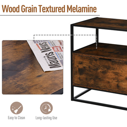 Industrial-Style Side Table w/ Drawer Open Shelf Steel Frame Large Base Two-Tone Retro Stylish Home Furniture Bedroom Living