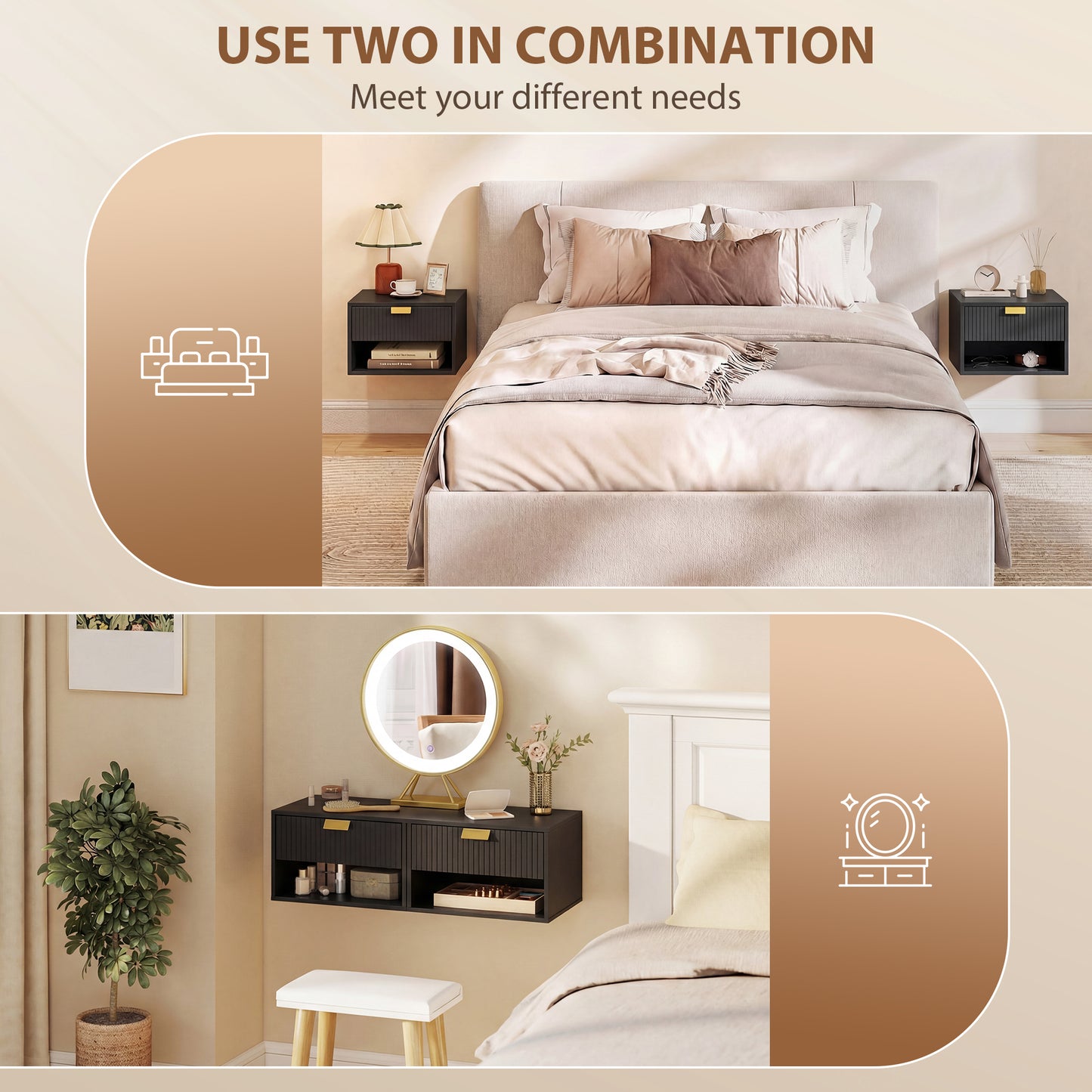 Set of 2 Wall Mounted Nightstands, Floating Bedside Tables with Fluted Drawer and Open Shelf for Small Bedroom, Black