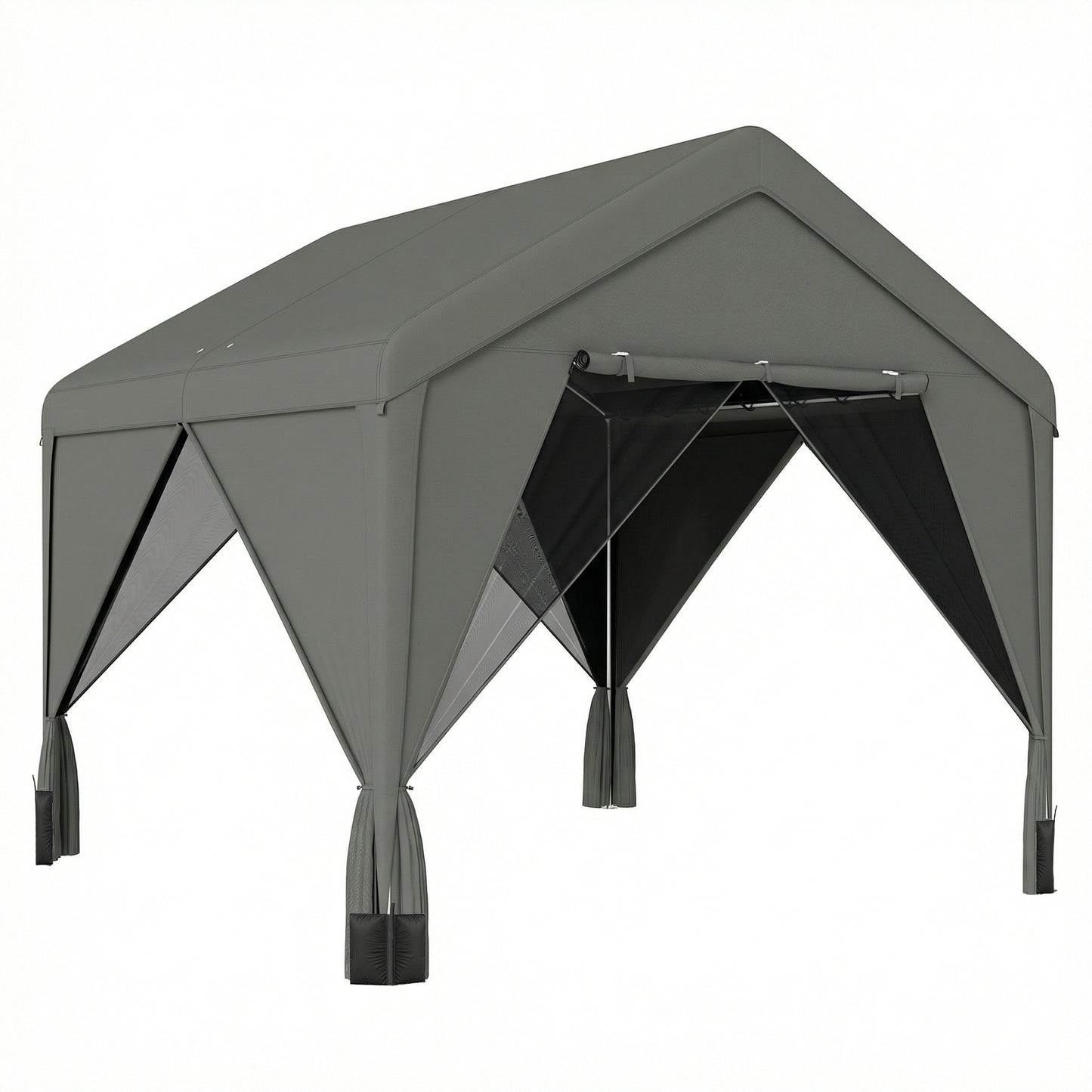 3 x 3 m Patio Gazebo with Netting & Curtains, Outdoor Canopy Shelter with Galvanised Steel Frame, Dark Grey