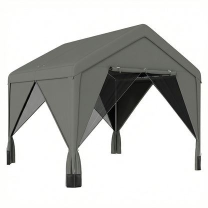 3 x 3 m Patio Gazebo with Netting & Curtains, Outdoor Canopy Shelter with Galvanised Steel Frame, Dark Grey
