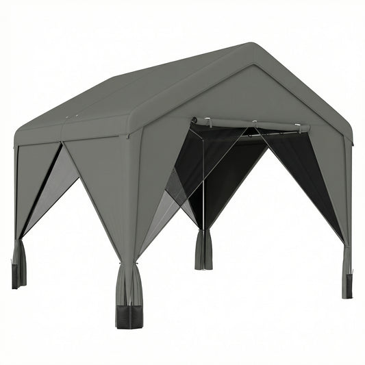 3 x 3 m Patio Gazebo with Netting & Curtains, Outdoor Canopy Shelter with Galvanised Steel Frame, Dark Grey