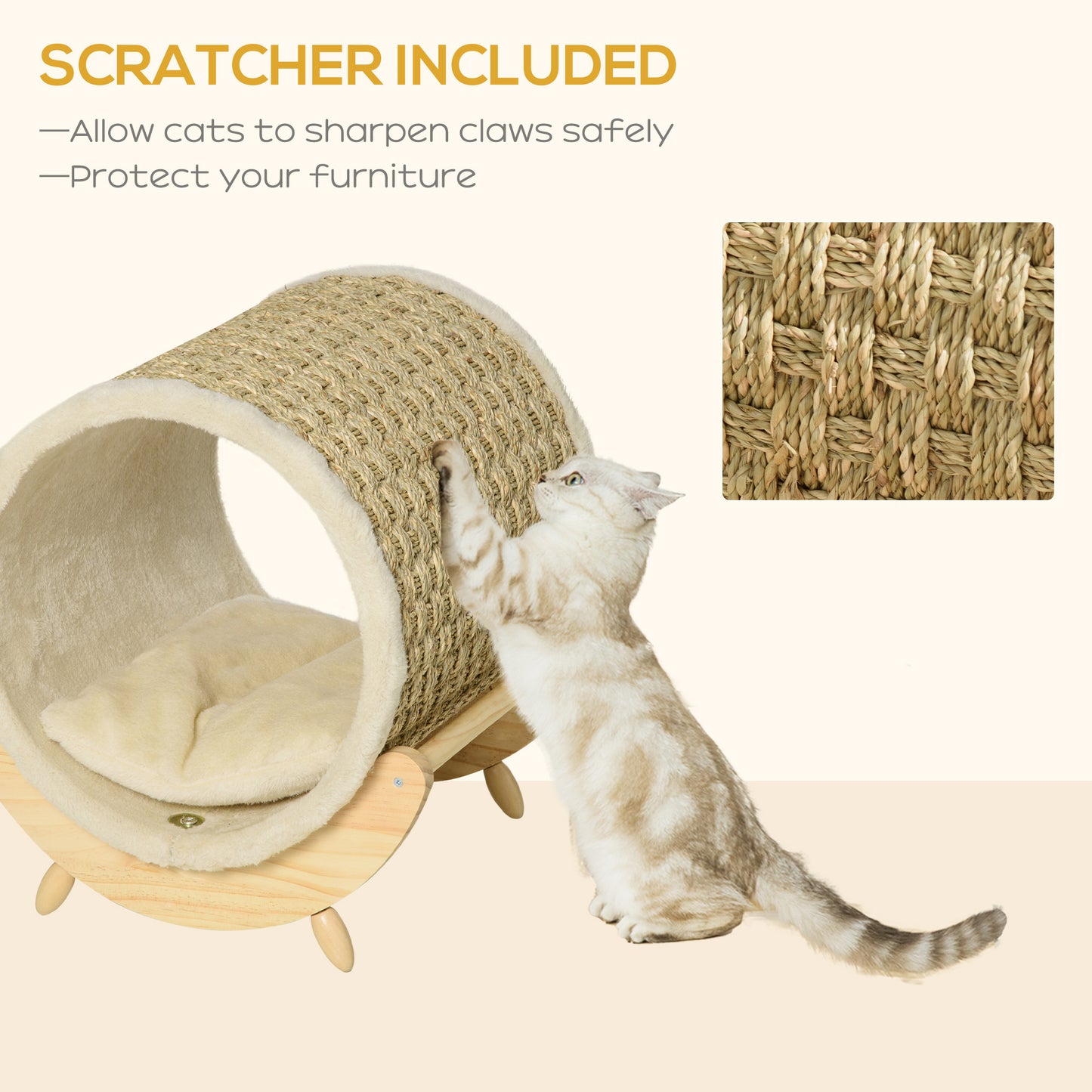 Raised Cat House, with Scratcher - Beige