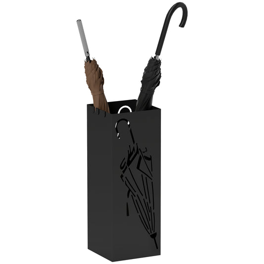 Metal Umbrella Stand, Square Umbrella Holder with 4 Hooks and Removable Drip Tray