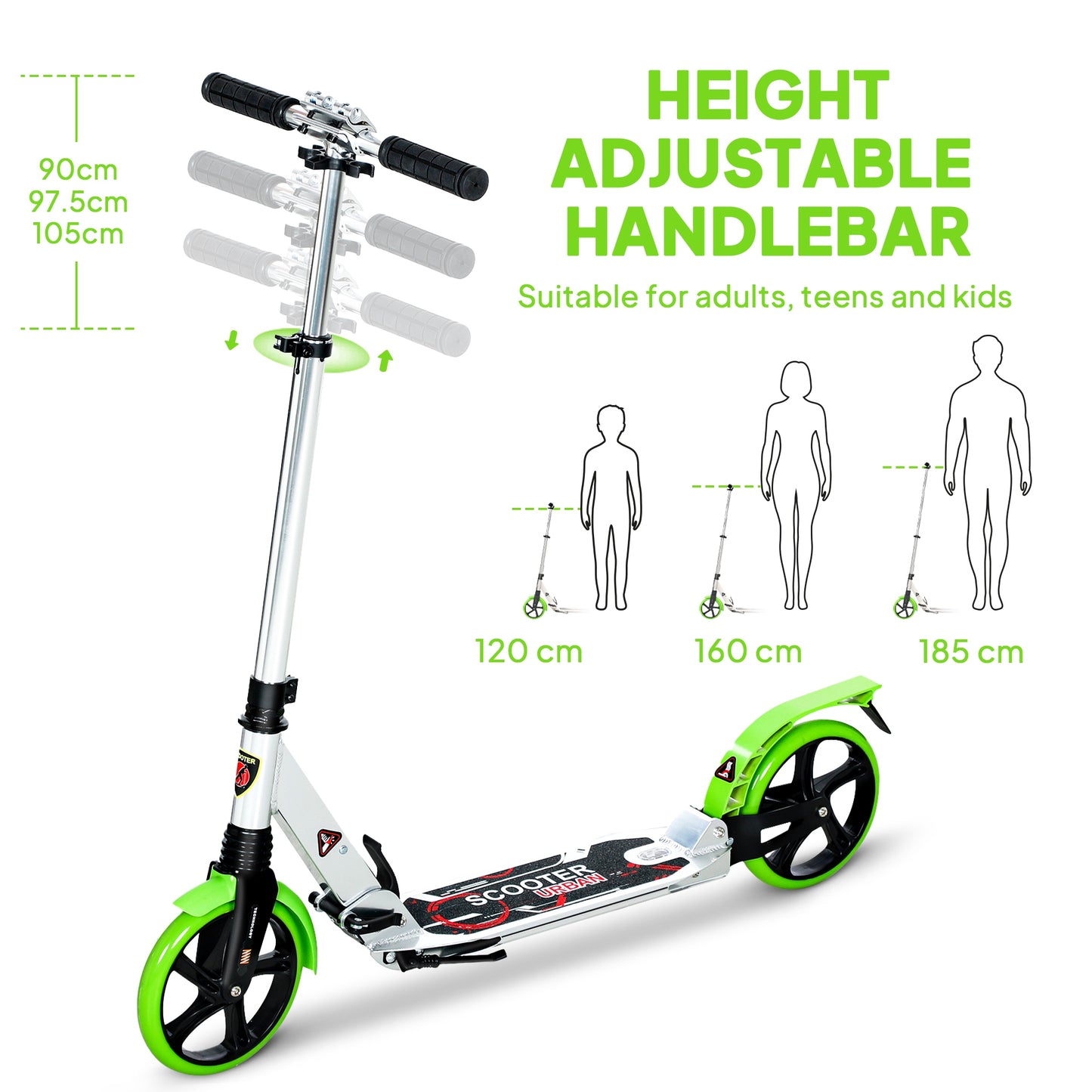 Folding Kick Scooter, Adjustable Ride On Scooter with 200mm Big Wheels and Double Shock Absorption