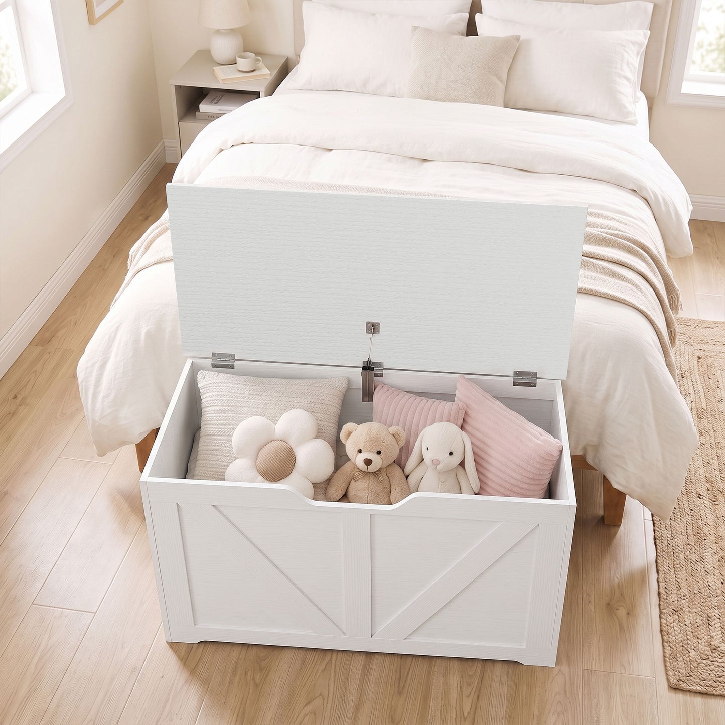 100L Home Storage Box, with Safety Hinge - White Wood-Effect